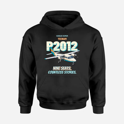 Tecnam P2012 Traveller - Nine seats. Countless stories. design on black hoodie single side