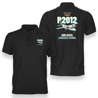 Tecnam P2012 Traveller - Nine seats. Countless stories. design on black polo t-shirt