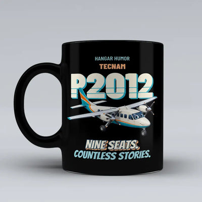 Tecnam P2012 Traveller - Nine seats. Countless stories. design on black ceramic mug