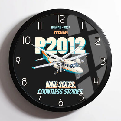 Tecnam P2012 Traveller - Nine seats. Countless stories. design on black framed wall clock