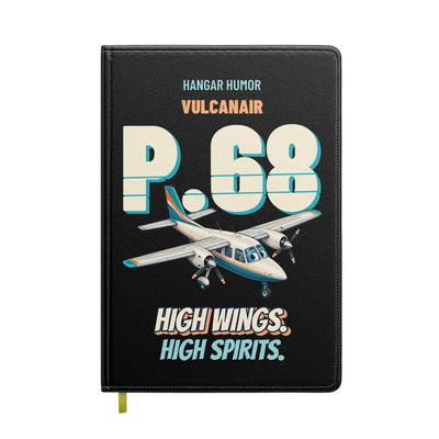 Vulcanair P.68 - High wings. High spirits. design on black notebook