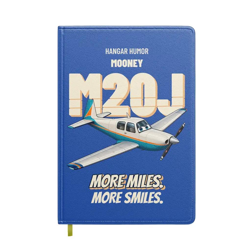 Mooney M20J - More miles. More smiles. design on blue notebook