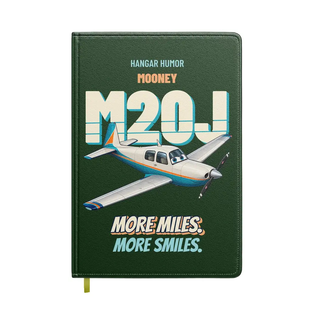 Mooney M20J - More miles. More smiles. design on dark green notebook