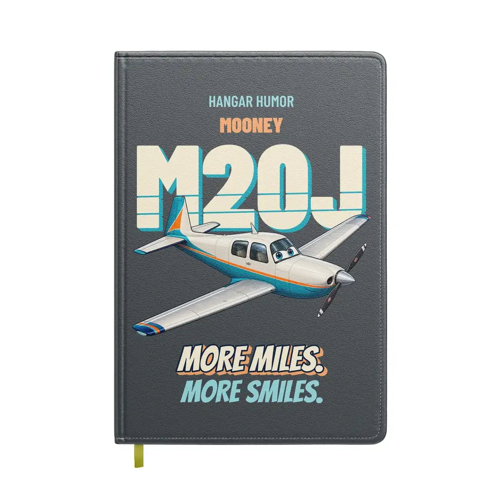 Mooney M20J - More miles. More smiles. design on gray notebook
