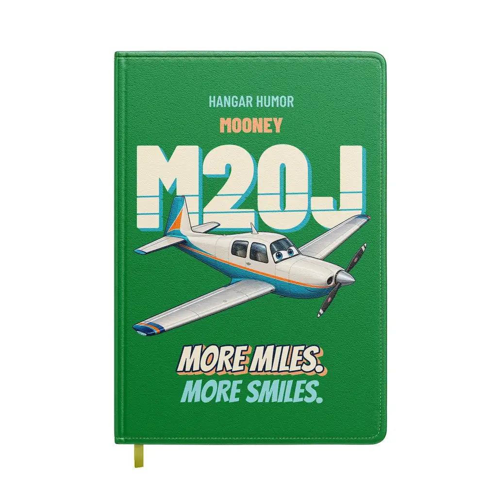 Mooney M20J - More miles. More smiles. design on green notebook