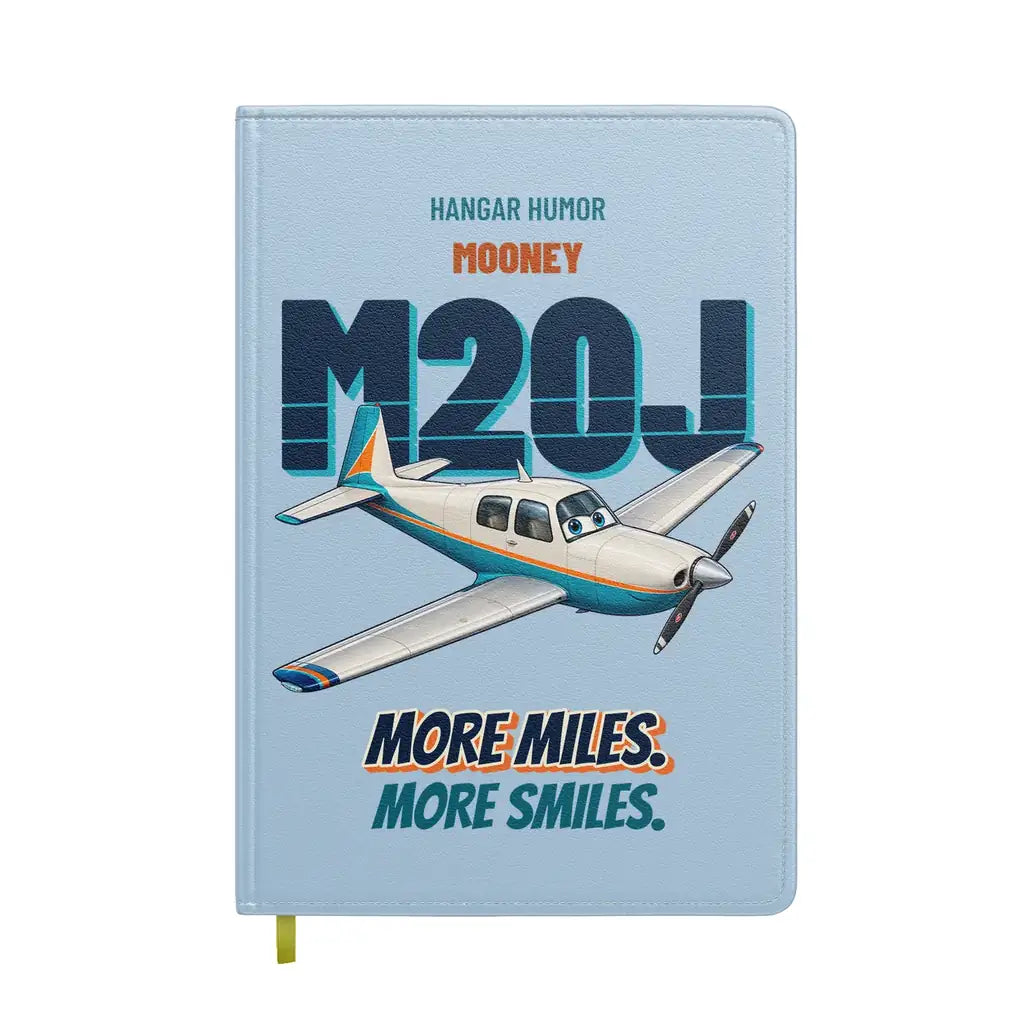 Mooney M20J - More miles. More smiles. design on light blue notebook
