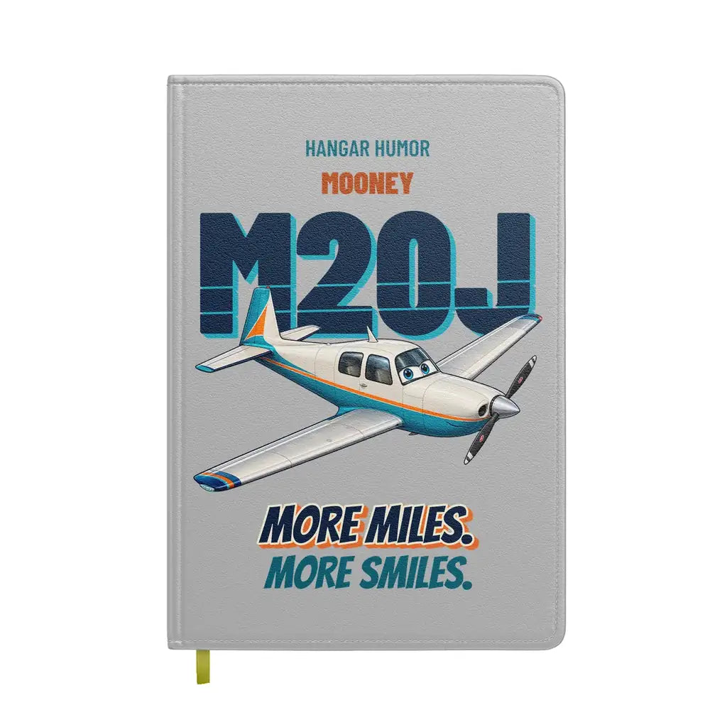 Mooney M20J - More miles. More smiles. design on light gray notebook