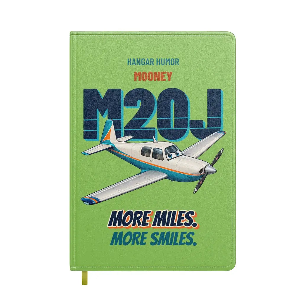 Mooney M20J - More miles. More smiles. design on light green notebook