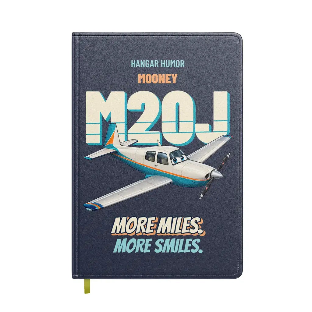 Mooney M20J - More miles. More smiles. design on navy blue notebook