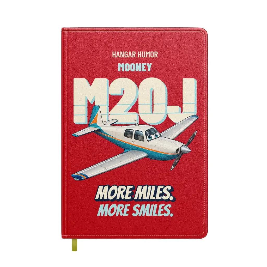 Mooney M20J - More miles. More smiles. design on red notebook