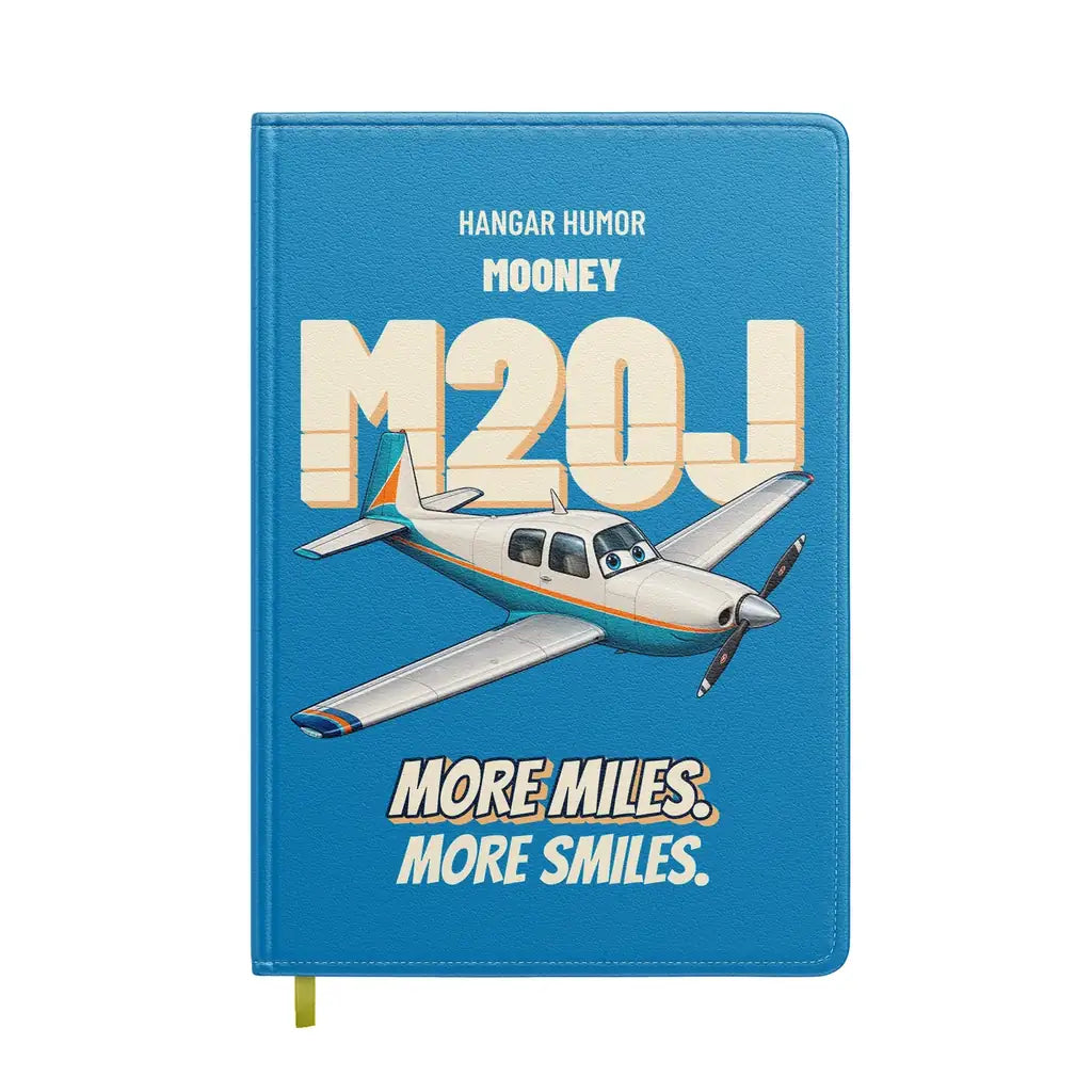 Mooney M20J - More miles. More smiles. design on turquoise notebook