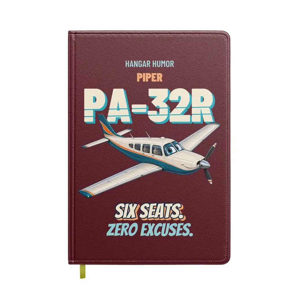 Piper PA-32R Saratoga - Six seats. Zero excuses. design on dark red notebook