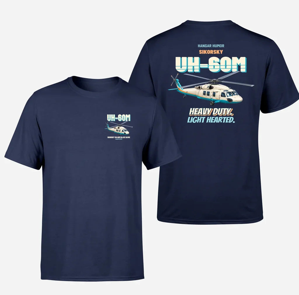 Sikorsky UH-60M Black Hawk - Heavy duty. Light hearted. - Double-Side T-Shirt design on navyblue double side t shirt