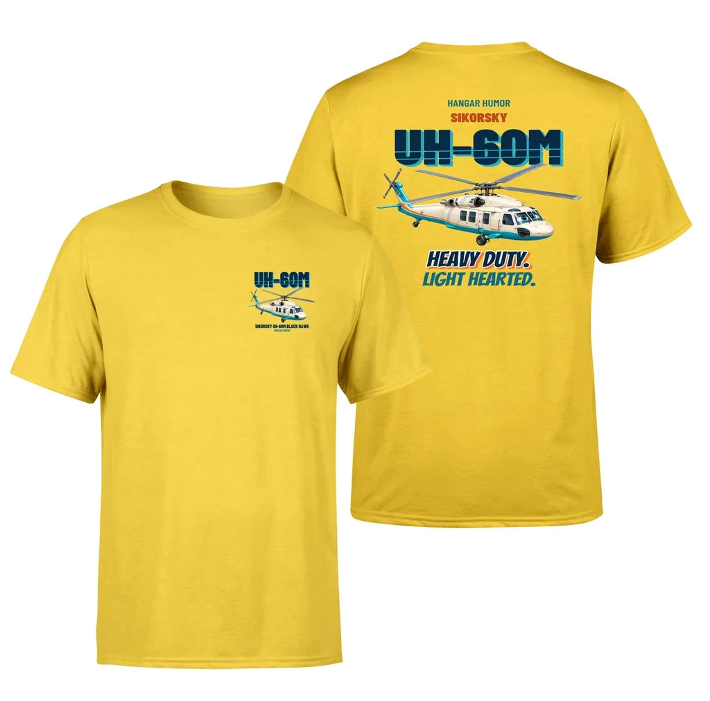 Sikorsky UH-60M Black Hawk - Heavy duty. Light hearted. - Double-Side T-Shirt design on yellow double side t shirt