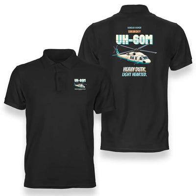 Sikorsky UH-60M Black Hawk - Heavy duty. Light hearted. design on black polo t-shirt