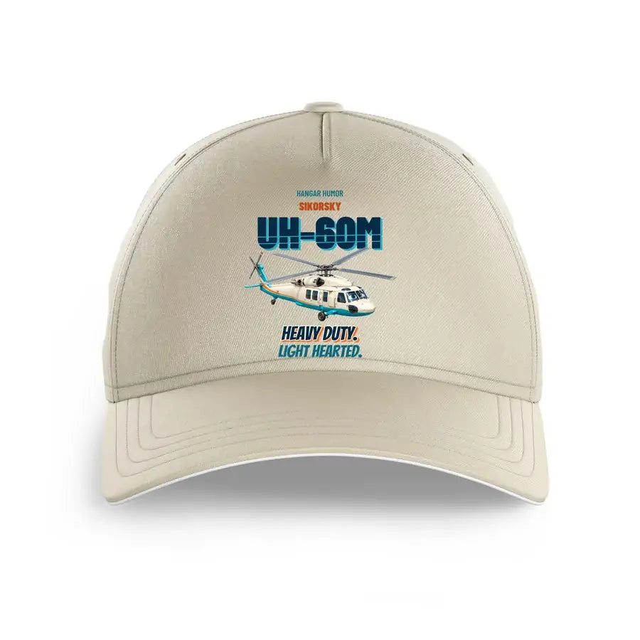 Sikorsky UH-60M Black Hawk - Heavy duty. Light hearted. design on beige printed hat