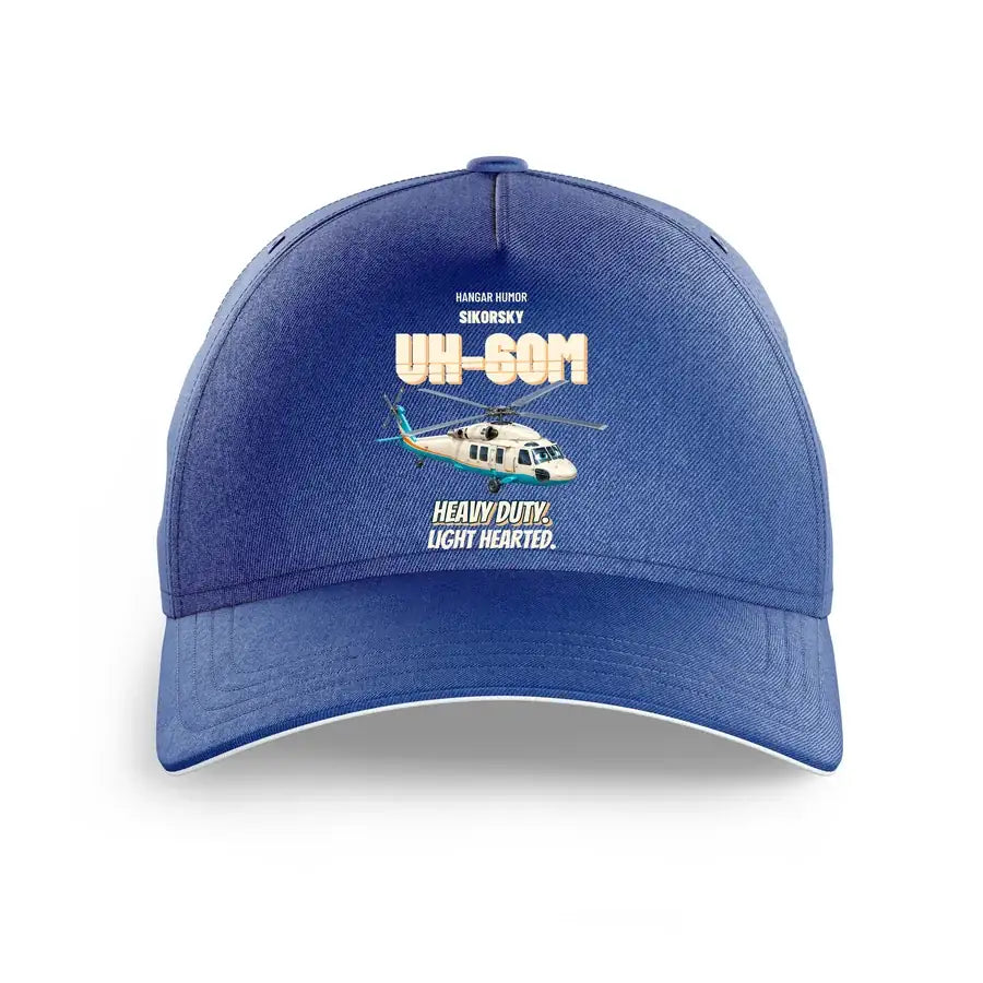 Sikorsky UH-60M Black Hawk - Heavy duty. Light hearted. design on blue printed hat