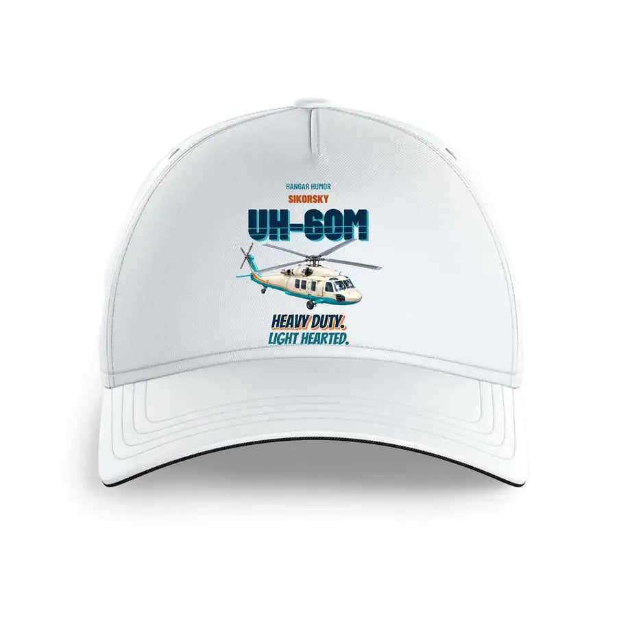 Sikorsky UH-60M Black Hawk - Heavy duty. Light hearted. design on white printed hat