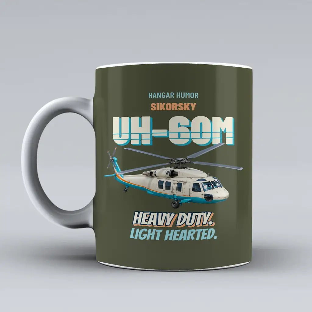 Sikorsky UH-60M Black Hawk - Heavy duty. Light hearted. design on green army ceramic mug