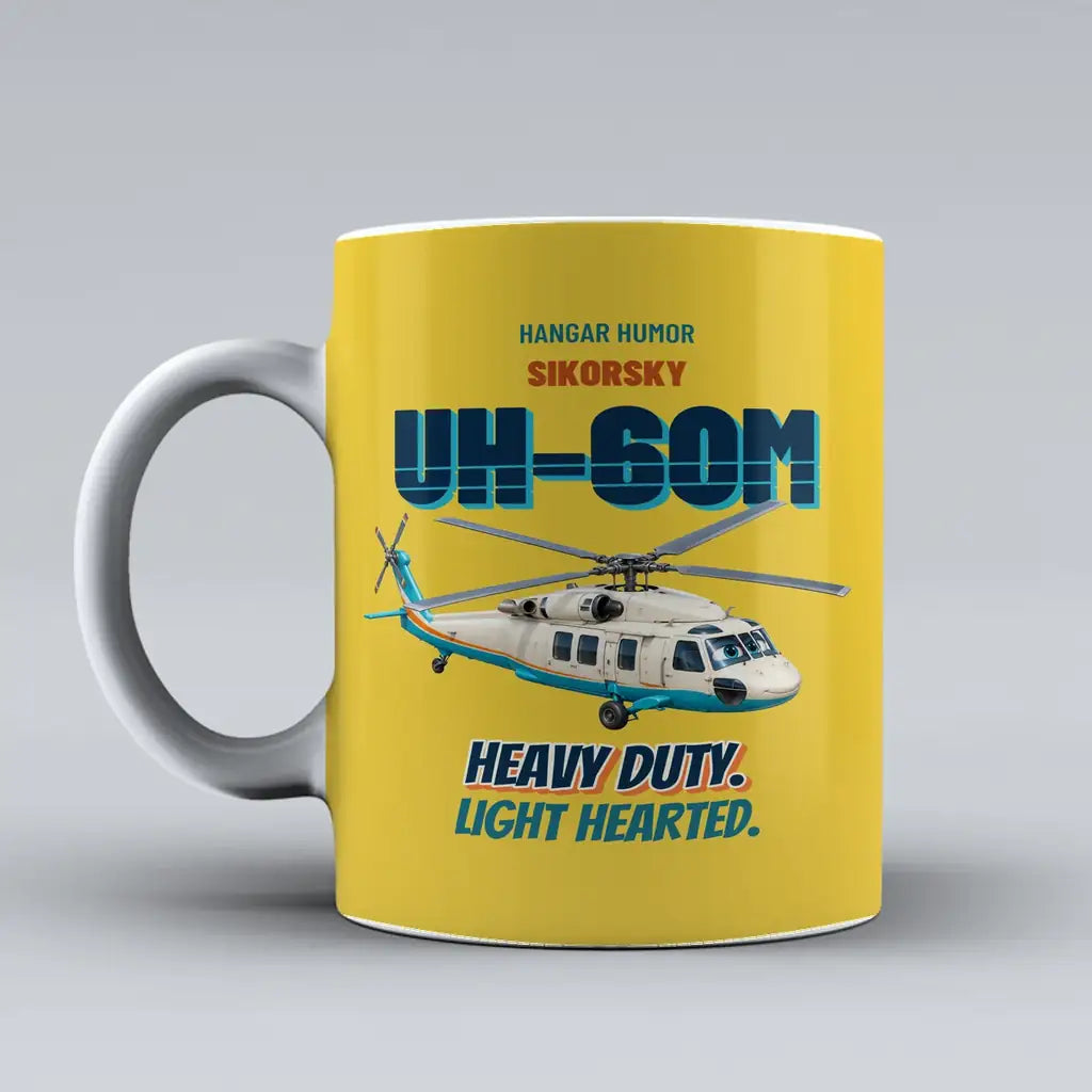 Sikorsky UH-60M Black Hawk - Heavy duty. Light hearted. design on yellow ceramic mug