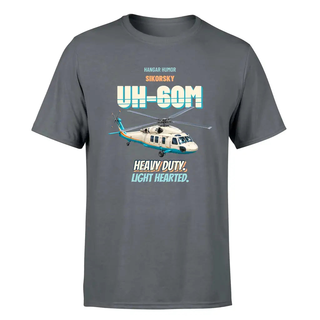 Sikorsky UH-60M Black Hawk - Heavy duty. Light hearted. - Premium T-Shirt design on gray premium t shirt