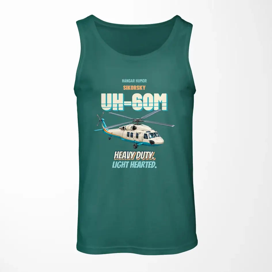 Sikorsky UH-60M Black Hawk - Heavy duty. Light hearted. design on green tank top