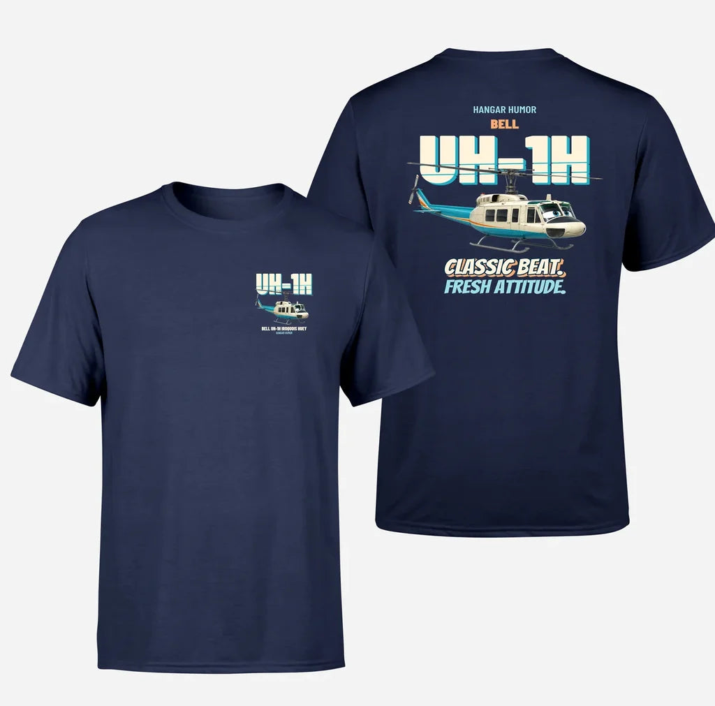 Bell UH-1H Iroquois Huey - Classic beat. Fresh attitude. - Double-Side T-Shirt design on navyblue double side t shirt