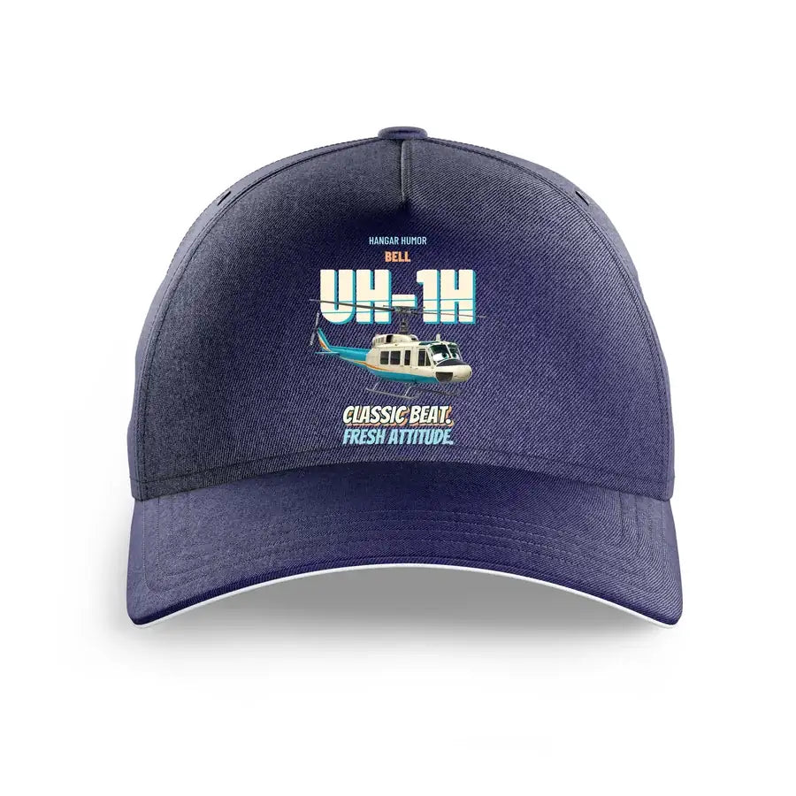 Bell UH-1H Iroquois Huey - Classic beat. Fresh attitude. design on dark blue printed hat