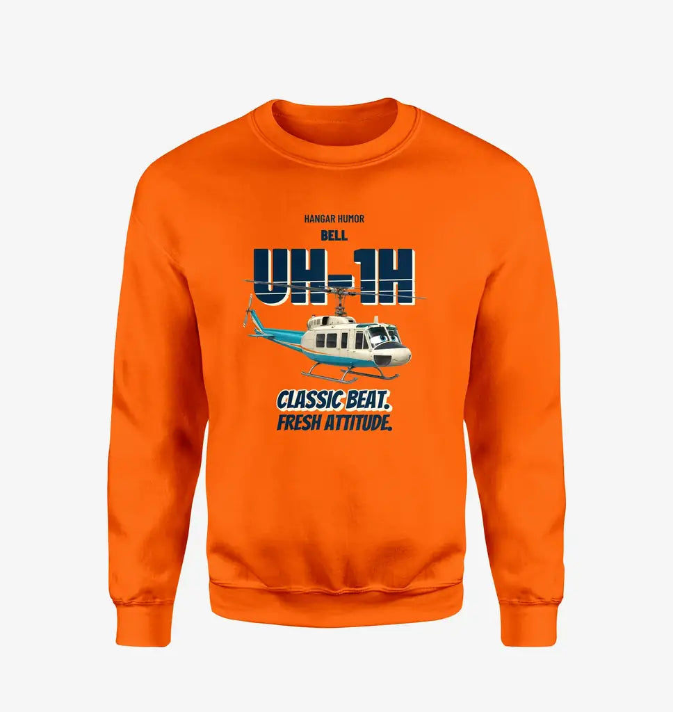 Bell UH-1H Iroquois Huey - Classic beat. Fresh attitude. design on orange sweatshirt
