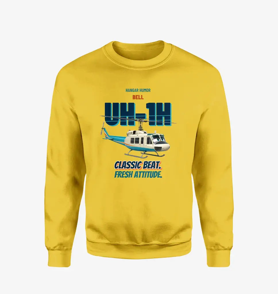 Bell UH-1H Iroquois Huey - Classic beat. Fresh attitude. design on yellow sweatshirt