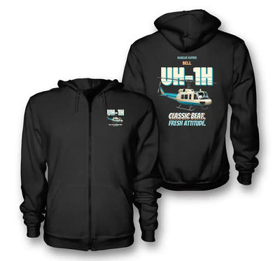Bell UH-1H Iroquois Huey - Classic beat. Fresh attitude. design on black zipped hoodie