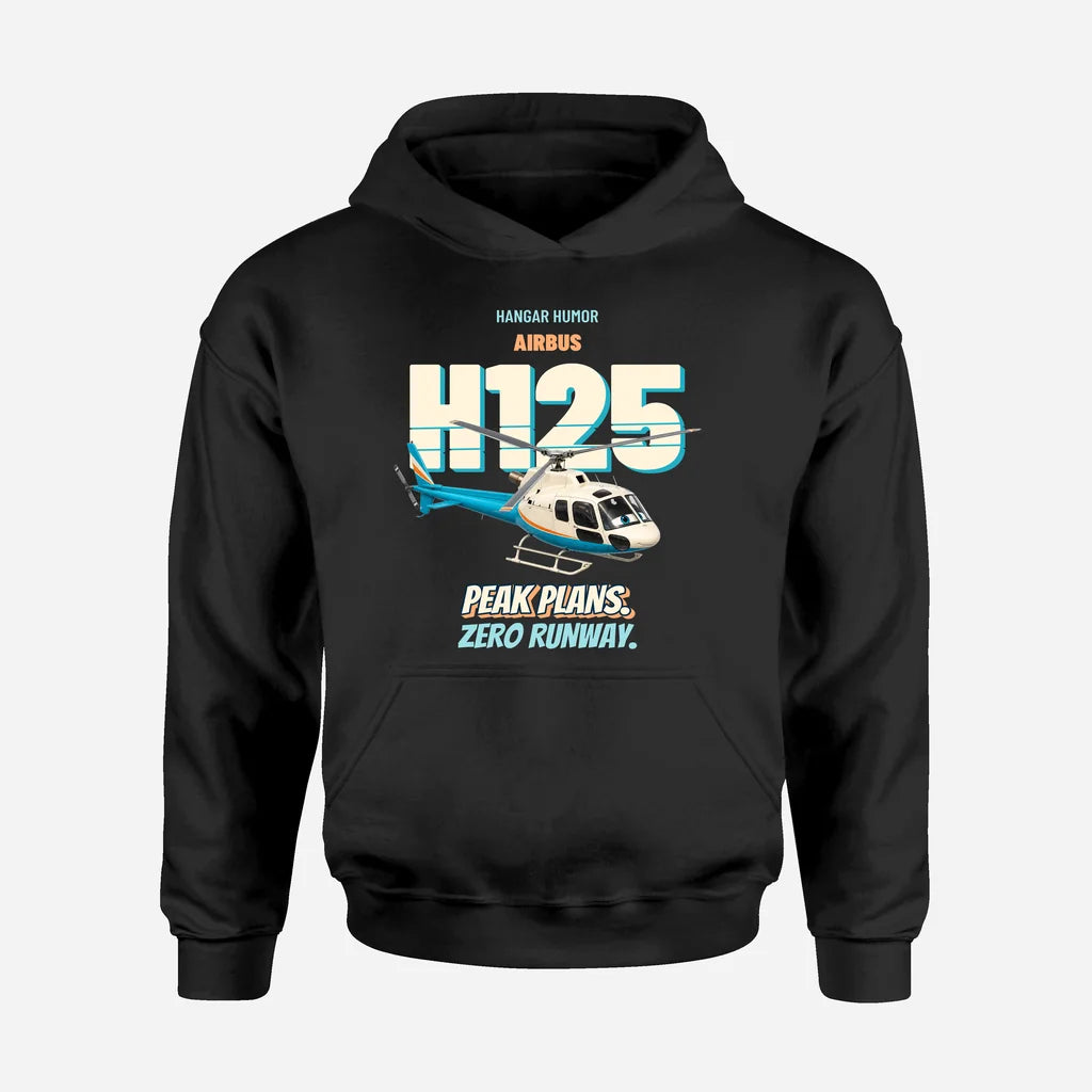 Airbus H125 - Peak plans. Zero runway. design on black hoodie single side