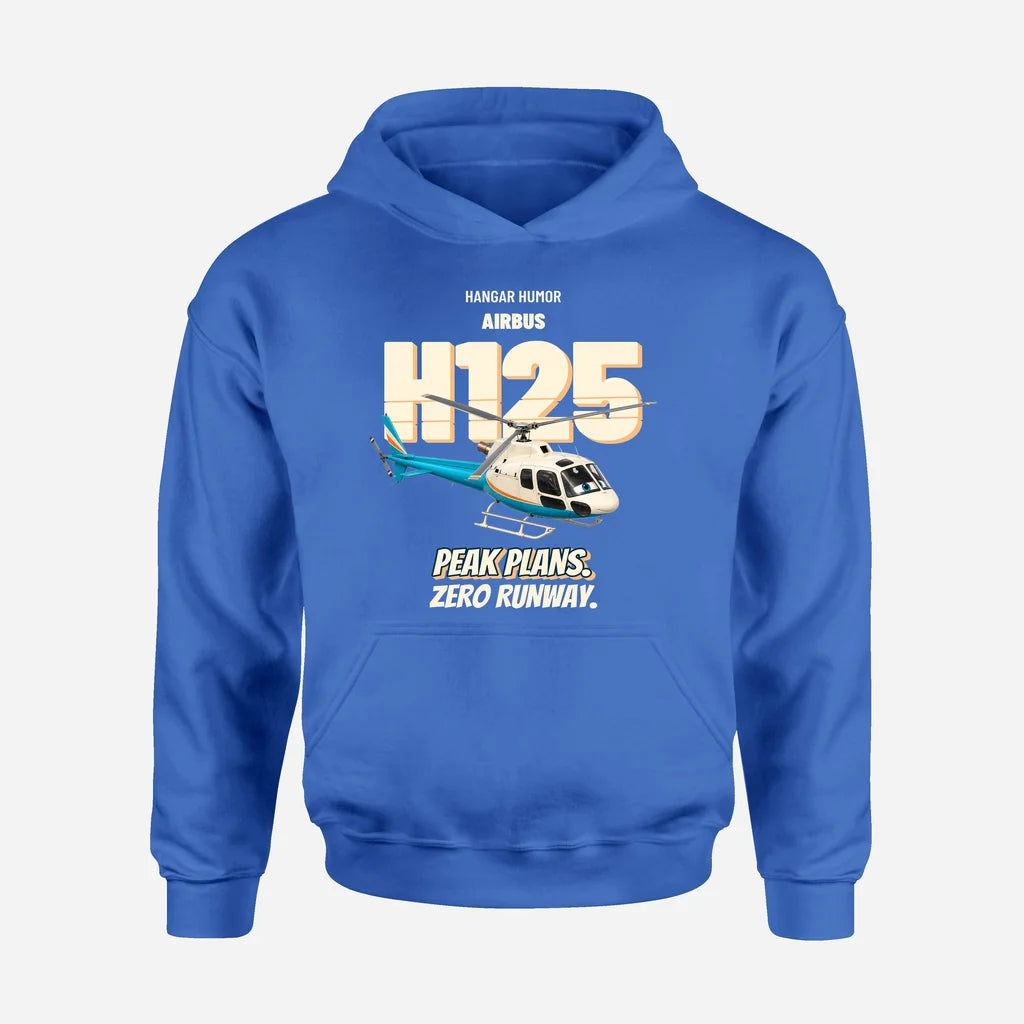 Airbus H125 - Peak plans. Zero runway. design on blue hoodie single side