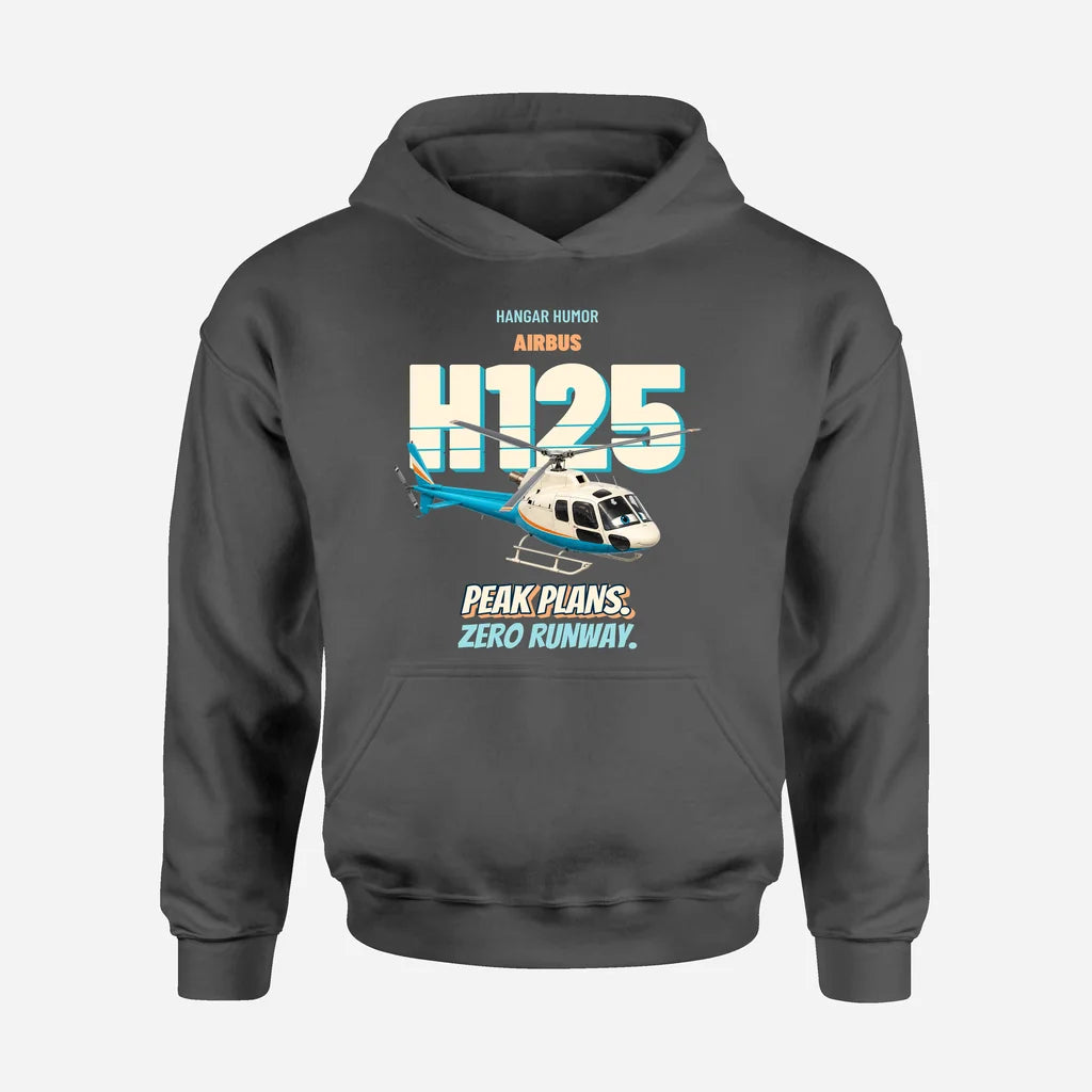 Airbus H125 - Peak plans. Zero runway. design on dark gray hoodie single side