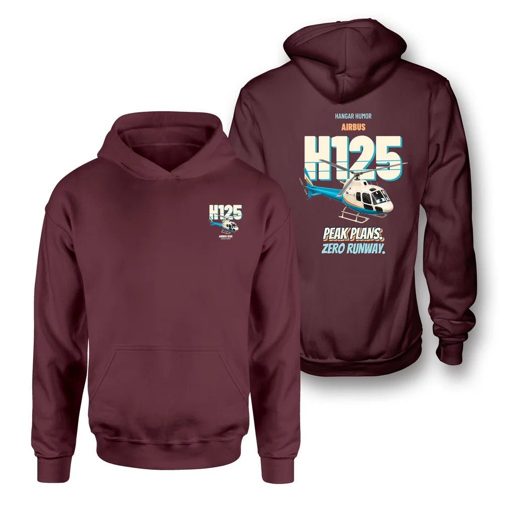 Airbus H125 - Peak plans. Zero runway. - Double-Side Hoodie design on dark red double side hoodie