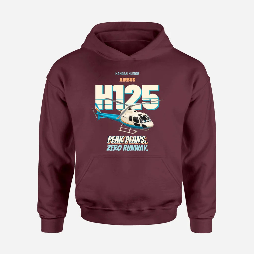 Airbus H125 - Peak plans. Zero runway. design on dark red hoodie single side