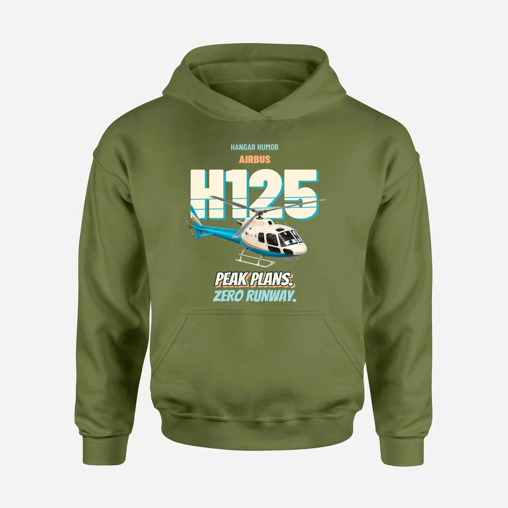 Airbus H125 - Peak plans. Zero runway. design on green army hoodie single side