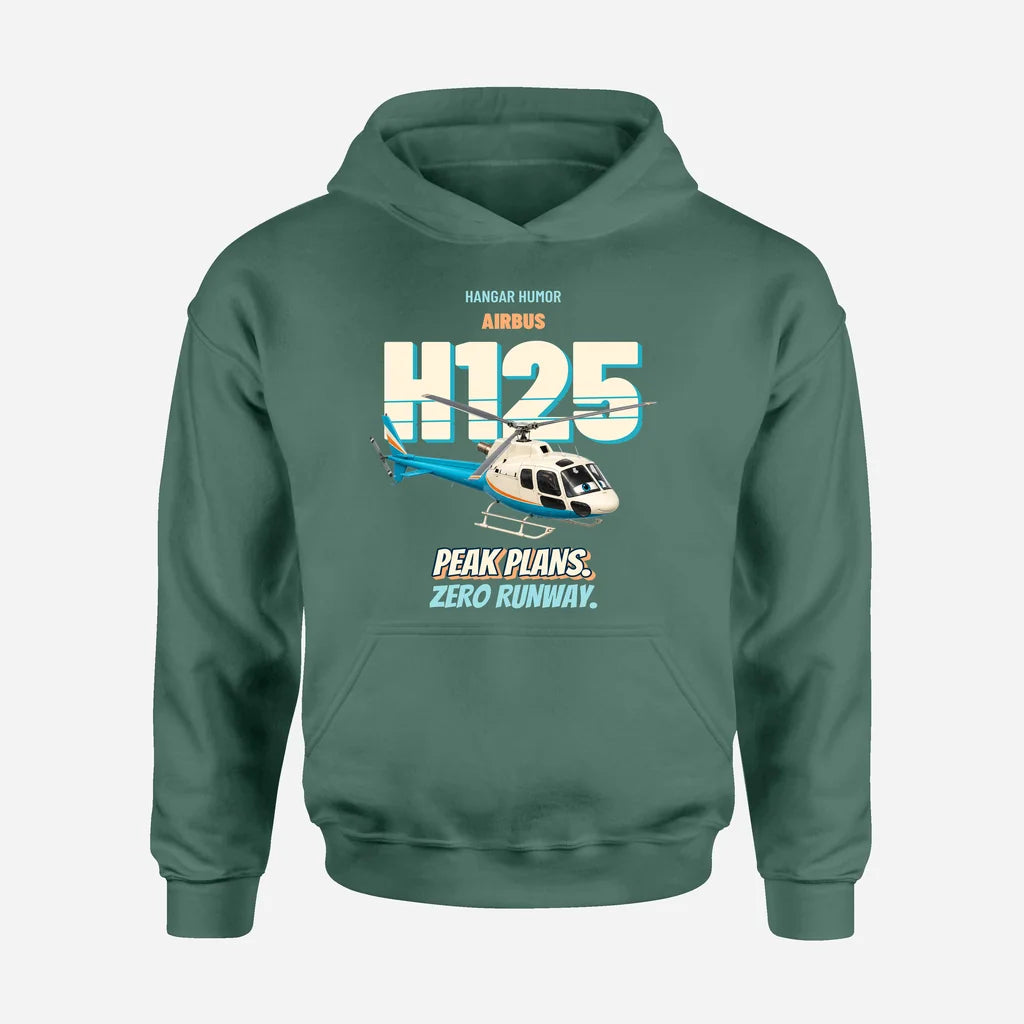 Airbus H125 - Peak plans. Zero runway. design on green hoodie single side