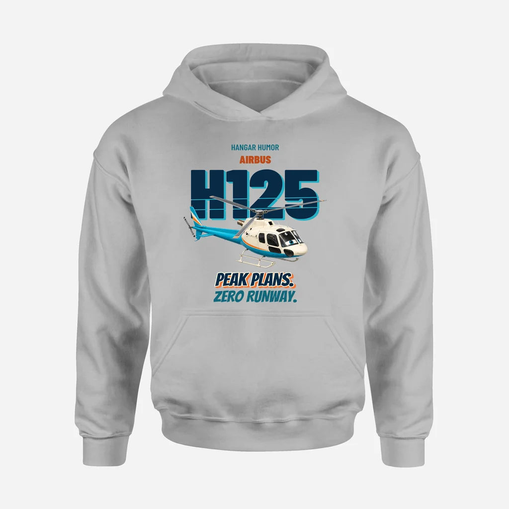 Airbus H125 - Peak plans. Zero runway. design on light gray hoodie single side