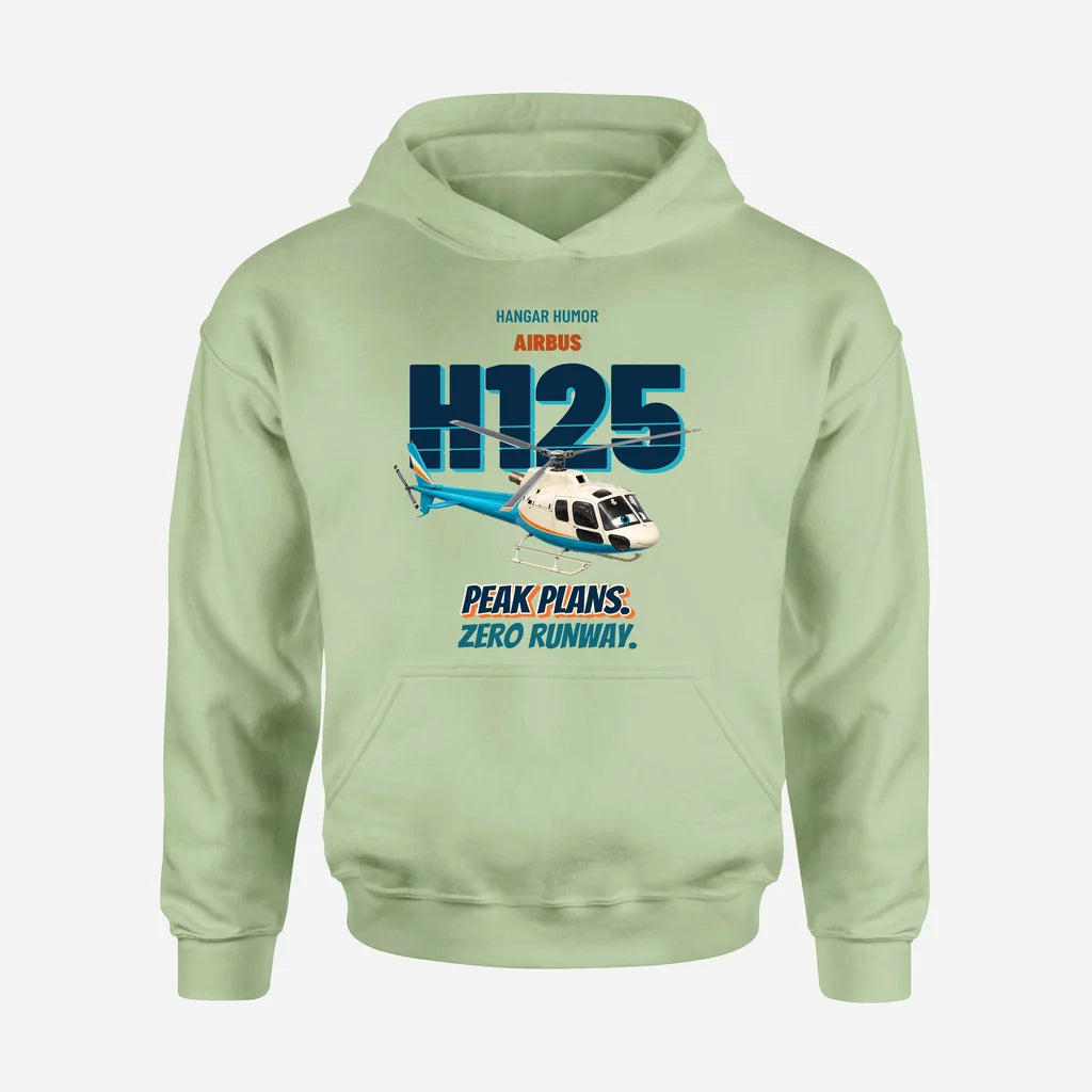 Airbus H125 - Peak plans. Zero runway. design on light green hoodie single side