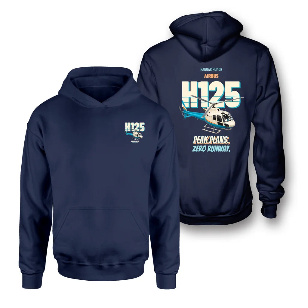 Airbus H125 - Peak plans. Zero runway. - Double-Side Hoodie design on navy blue double side hoodie
