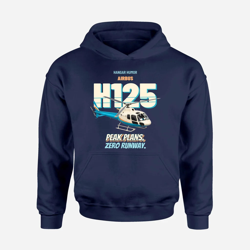 Airbus H125 - Peak plans. Zero runway. design on navy blue hoodie single side
