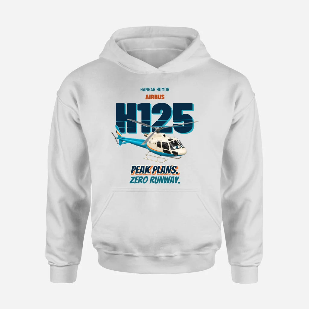 Airbus H125 - Peak plans. Zero runway. design on white hoodie single side