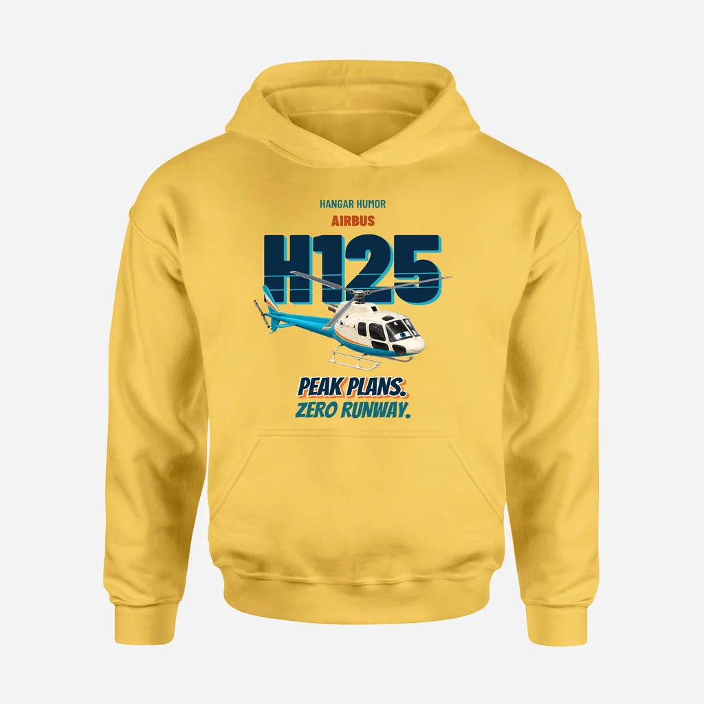 Airbus H125 - Peak plans. Zero runway. design on yellow hoodie single side