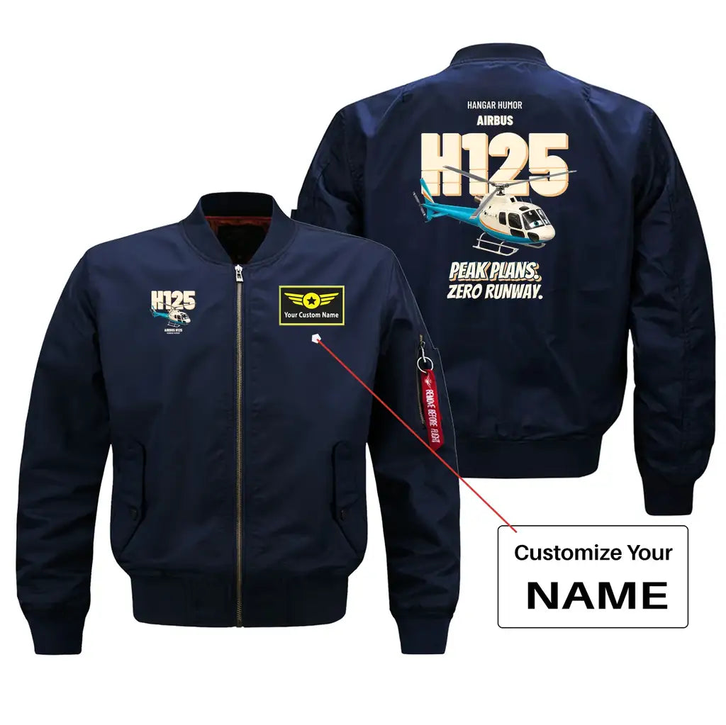 Airbus H125 - Peak plans. Zero runway. design on blue bomber jacket with custom name badge