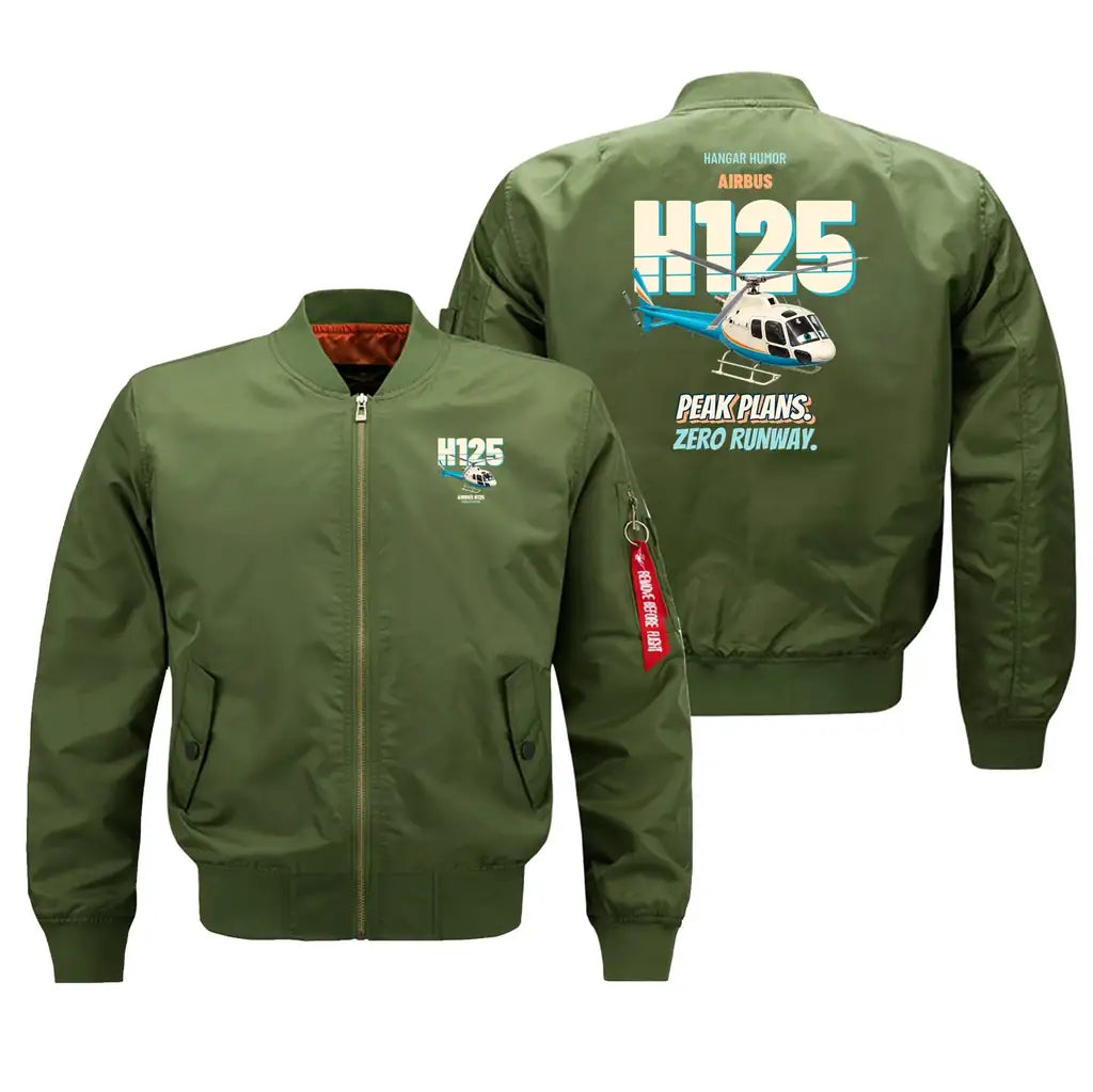 Airbus H125 - Peak plans. Zero runway. design on green bomber jacket