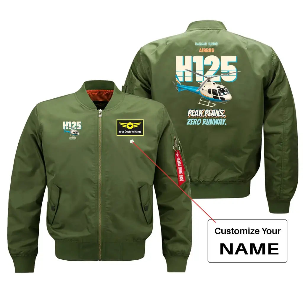 Airbus H125 - Peak plans. Zero runway. design on green bomber jacket with custom name badge