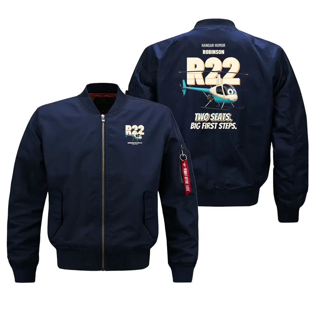 Robinson R22 Beta II - Two seats. Big first steps. design on blue bomber jacket