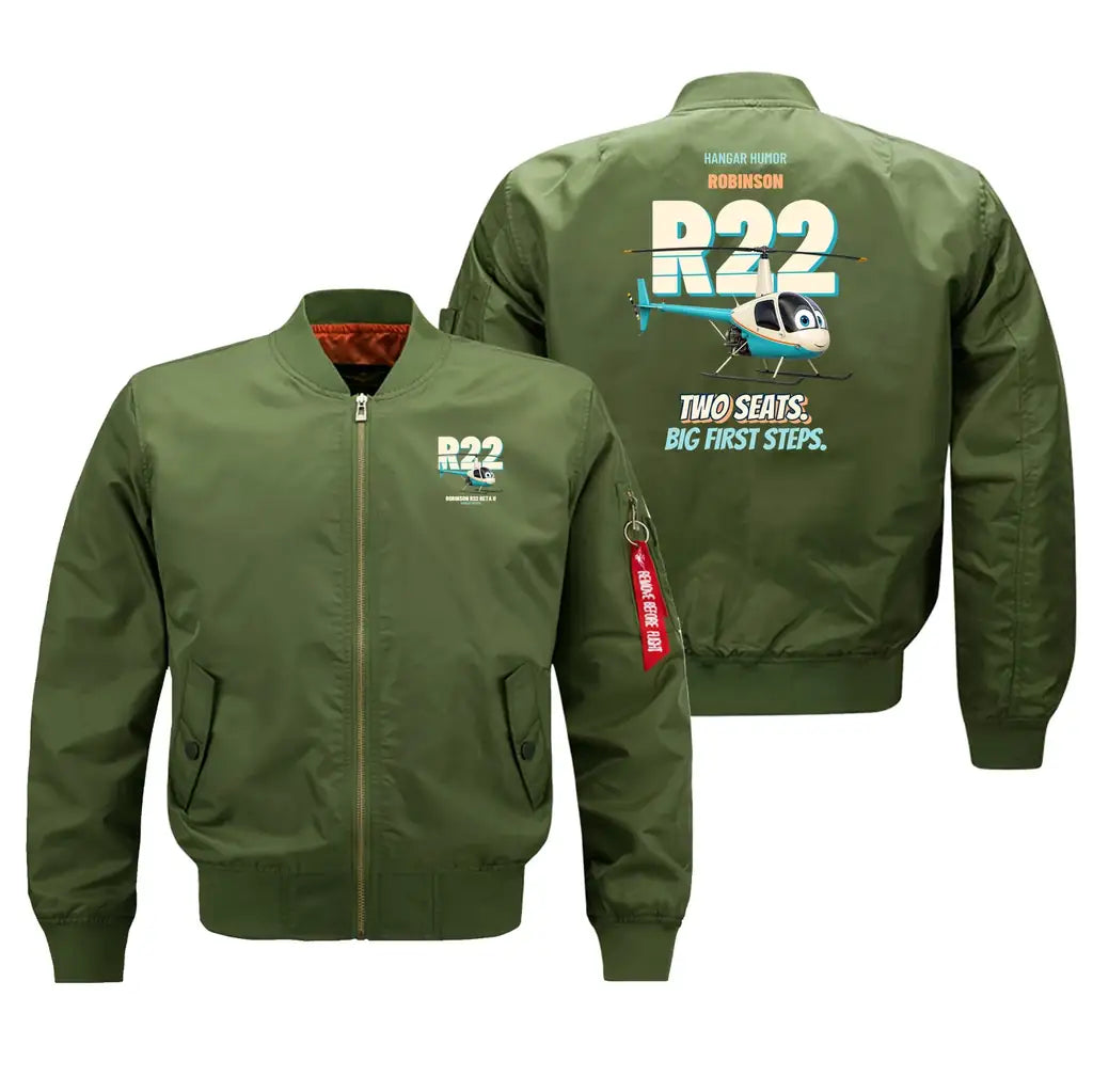 Robinson R22 Beta II - Two seats. Big first steps. design on green bomber jacket