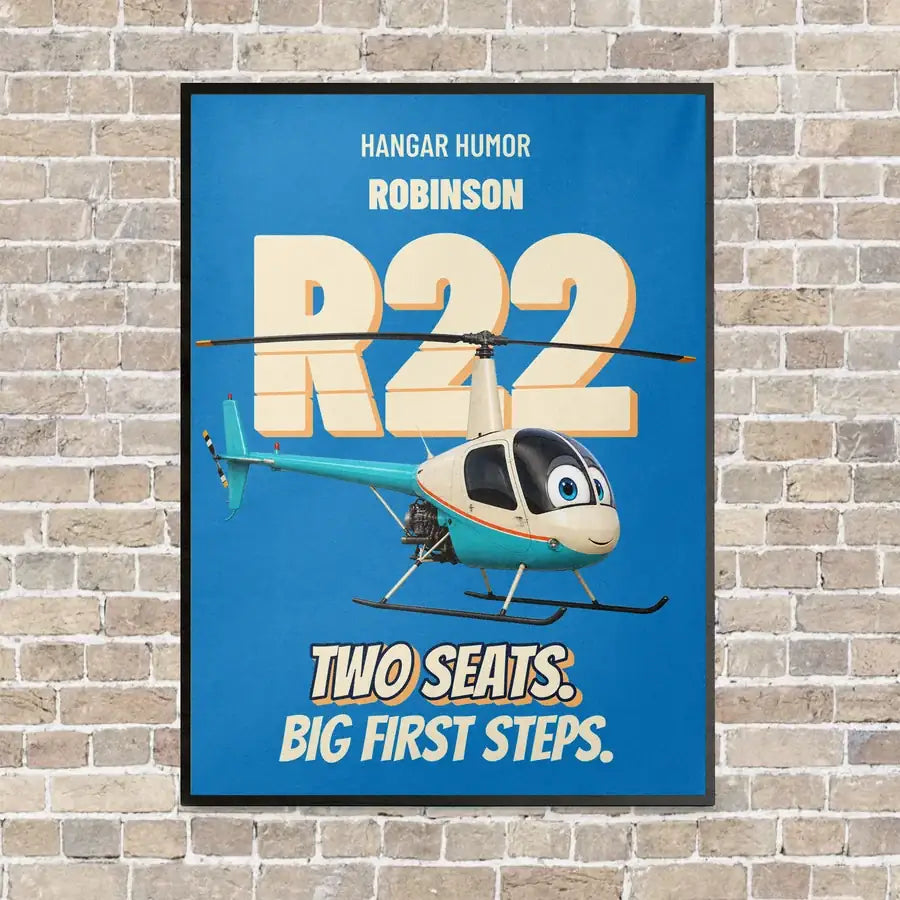 Robinson R22 Beta II - Two seats. Big first steps. vertical canvas print - framed - turquoise background